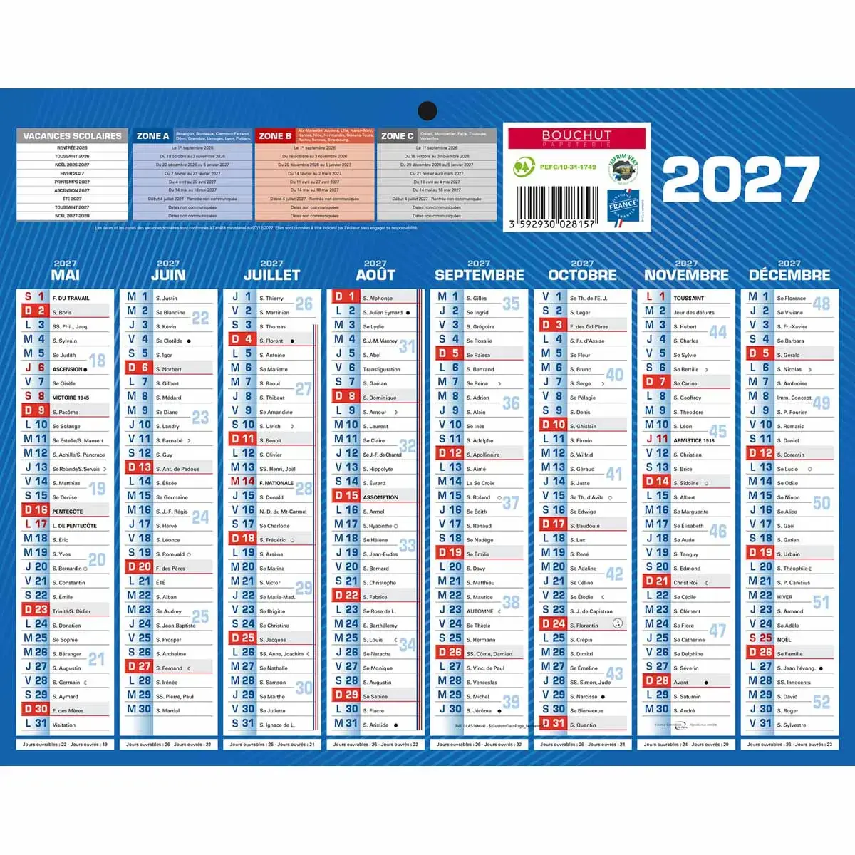 Calendrier banque - 26,5 x 21cm - Sept 2026 / D&eacute;c 2027 - BOUCHUT GRANDREMY 