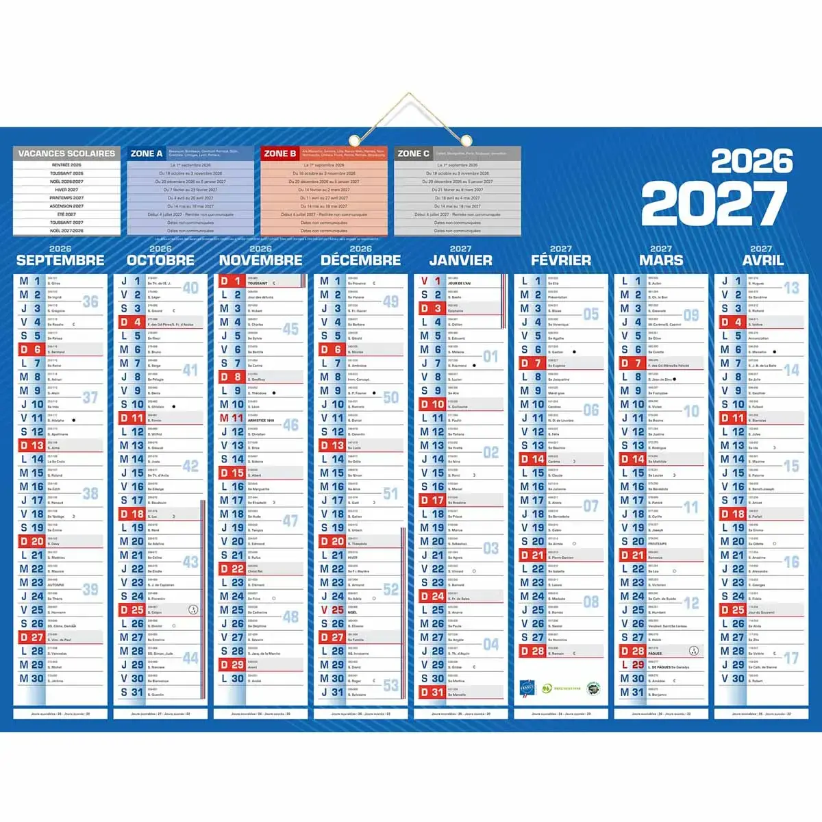 Calendrier banque 16 mois - 55 x 40,5 cm - Septembre 2026 à décembre 2027 - BOUCHUT GRANDREMY