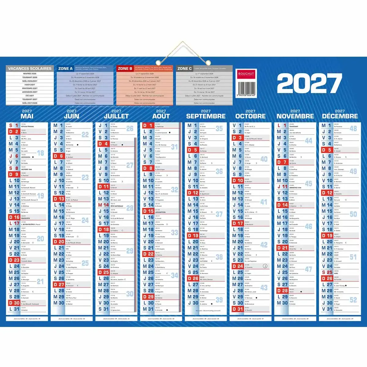 Calendrier banque 16 mois - 55 x 40,5 cm - Septembre 2026 à décembre 2027 - BOUCHUT GRANDREMY