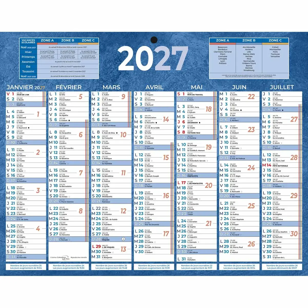 Calendrier 2027 de banque bleu 13 mois - 21x 26,5 cm - BOUCHUT GRANDREMY