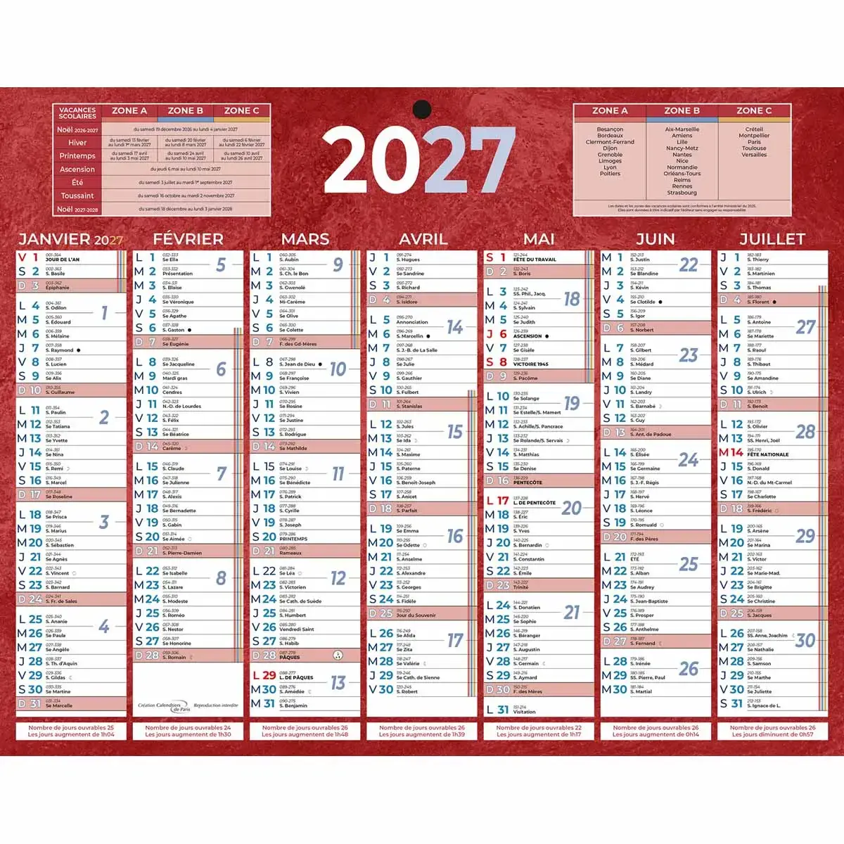 Calendrier 2027 13 mois - 26,5 x 21 cm - Rouge - BOUCHUT GRANDREMY 