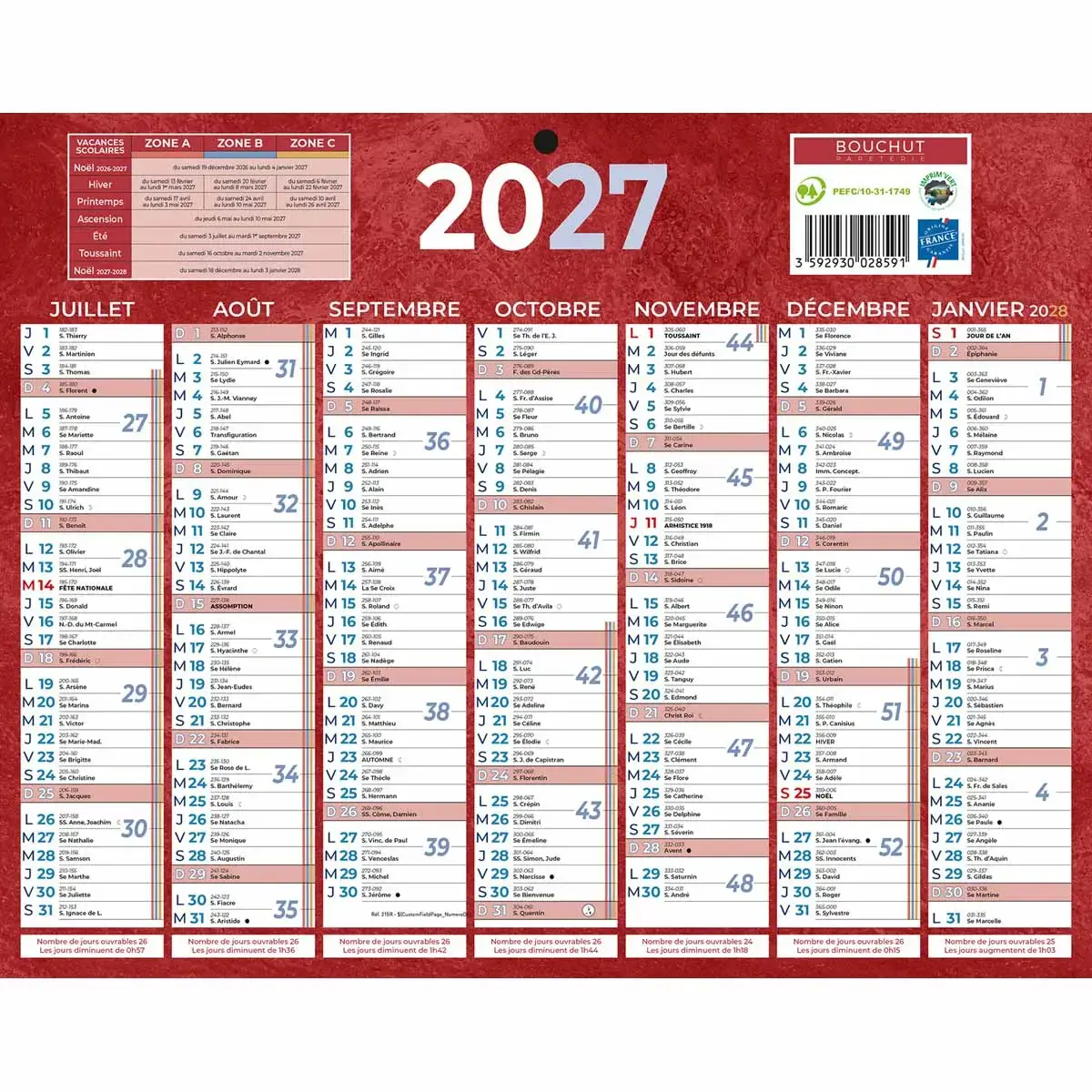 Calendrier 2027 13 mois - 26,5 x 21 cm - Rouge - BOUCHUT GRANDREMY 