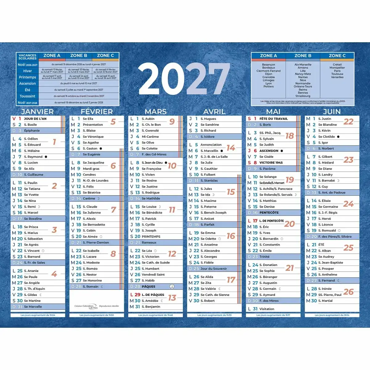 Calendrier de banque bleu 12 mois - 17,5 x 13,5 cm - BOUCHUT GRANDREMY 