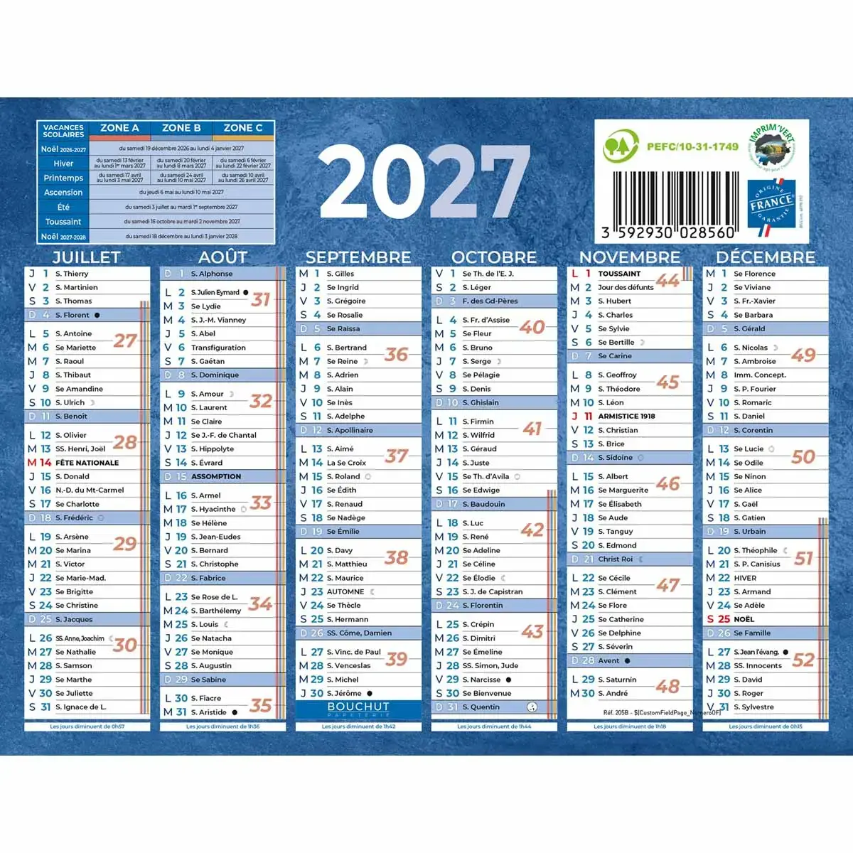 Calendrier de banque bleu 12 mois - 17,5 x 13,5 cm - BOUCHUT GRANDREMY 