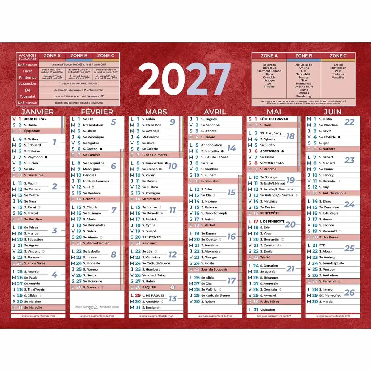 Calendrier de banque 2027 rouge 12 mois - 17,5 x 13,5 cm - BOUCHUT GRANDREMY 