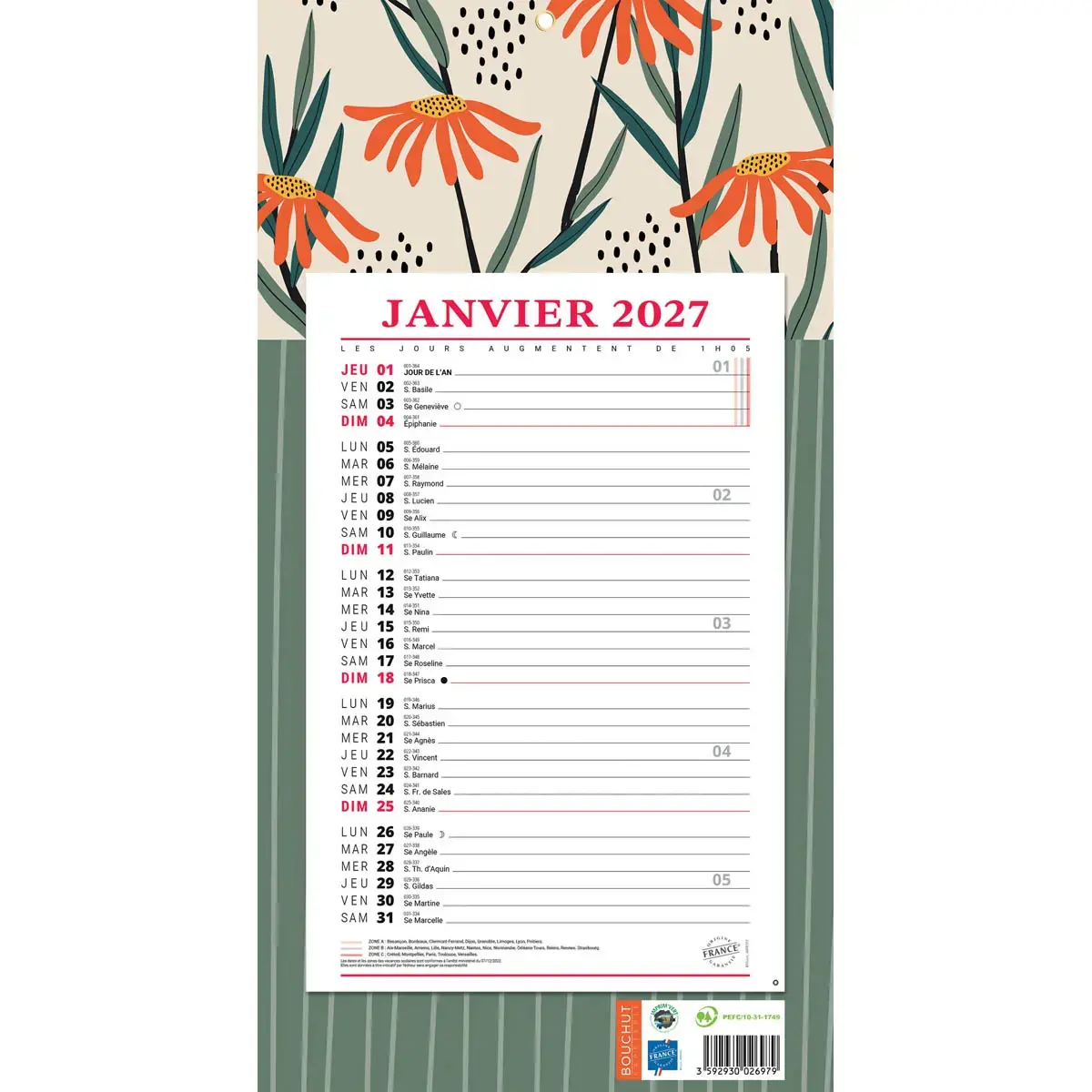 Calendrier mensuel à effeuiller Vegetal - 19x36 cm - Janvier à décembre - BOUCHUT GRANDREMY