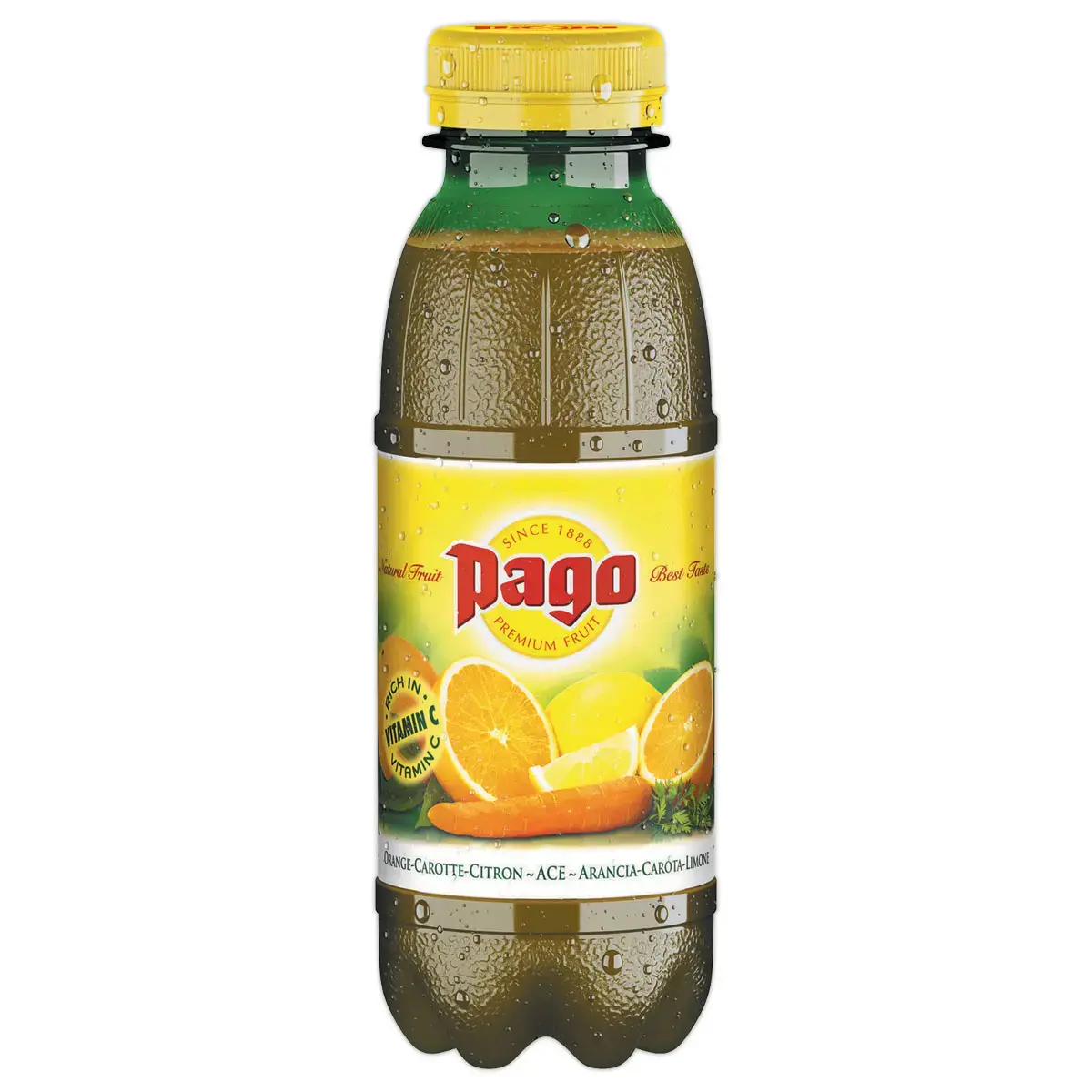 12 Bouteilles de jus de fruits - Orange, carotte, citron - 33 cl - PAGO