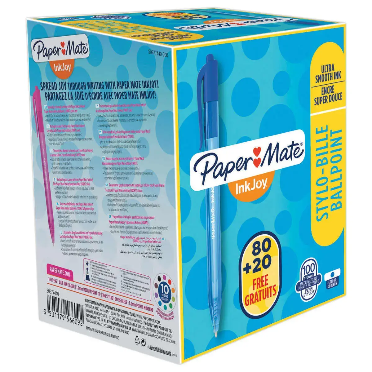 100 Stylos bille rétractables Inkjoy 100 RT (80 +20 gratuits) - Pack économique - Bleu - PAPER MATE INKJOY