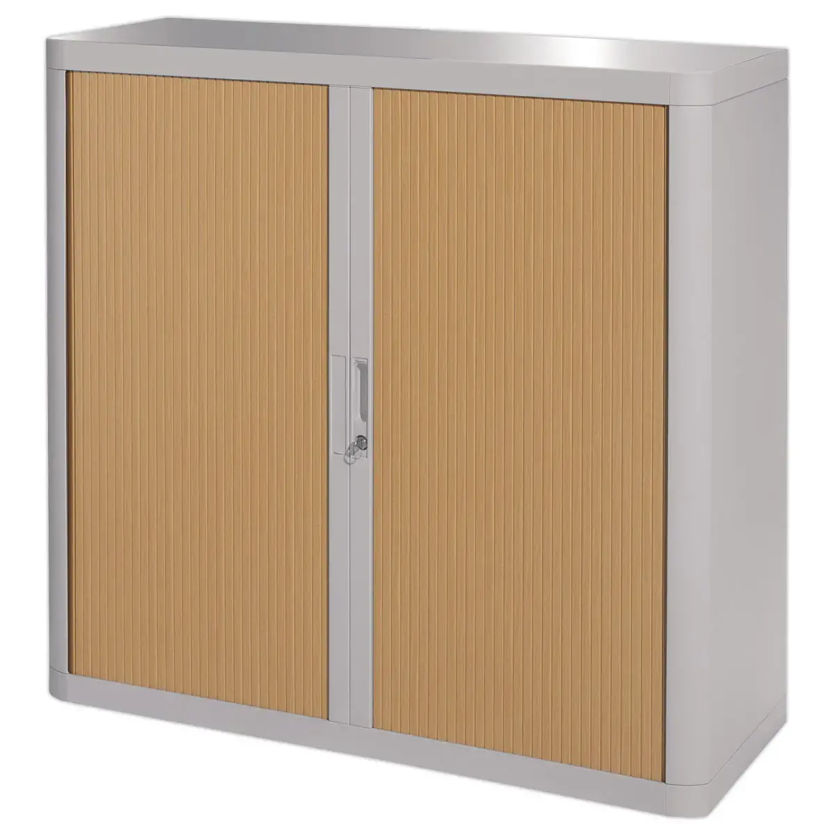 Armoire basse &agrave; rideaux Easyoffice - Gris et h&ecirc;tre - PAPERFLOW 