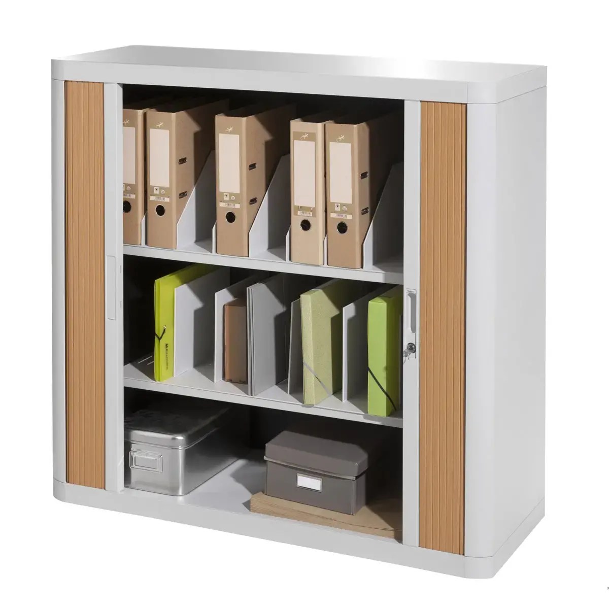 Armoire basse &agrave; rideaux Easyoffice - Gris et h&ecirc;tre - PAPERFLOW 