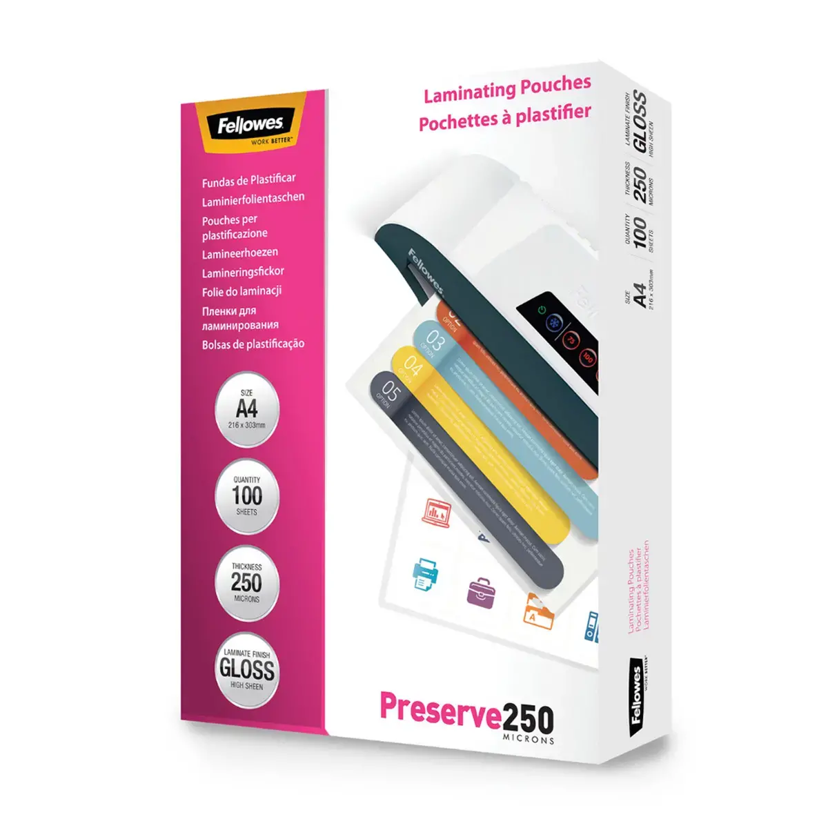 100 Pochettes de plastification brillantes A4 - 250 µ - Fellowes