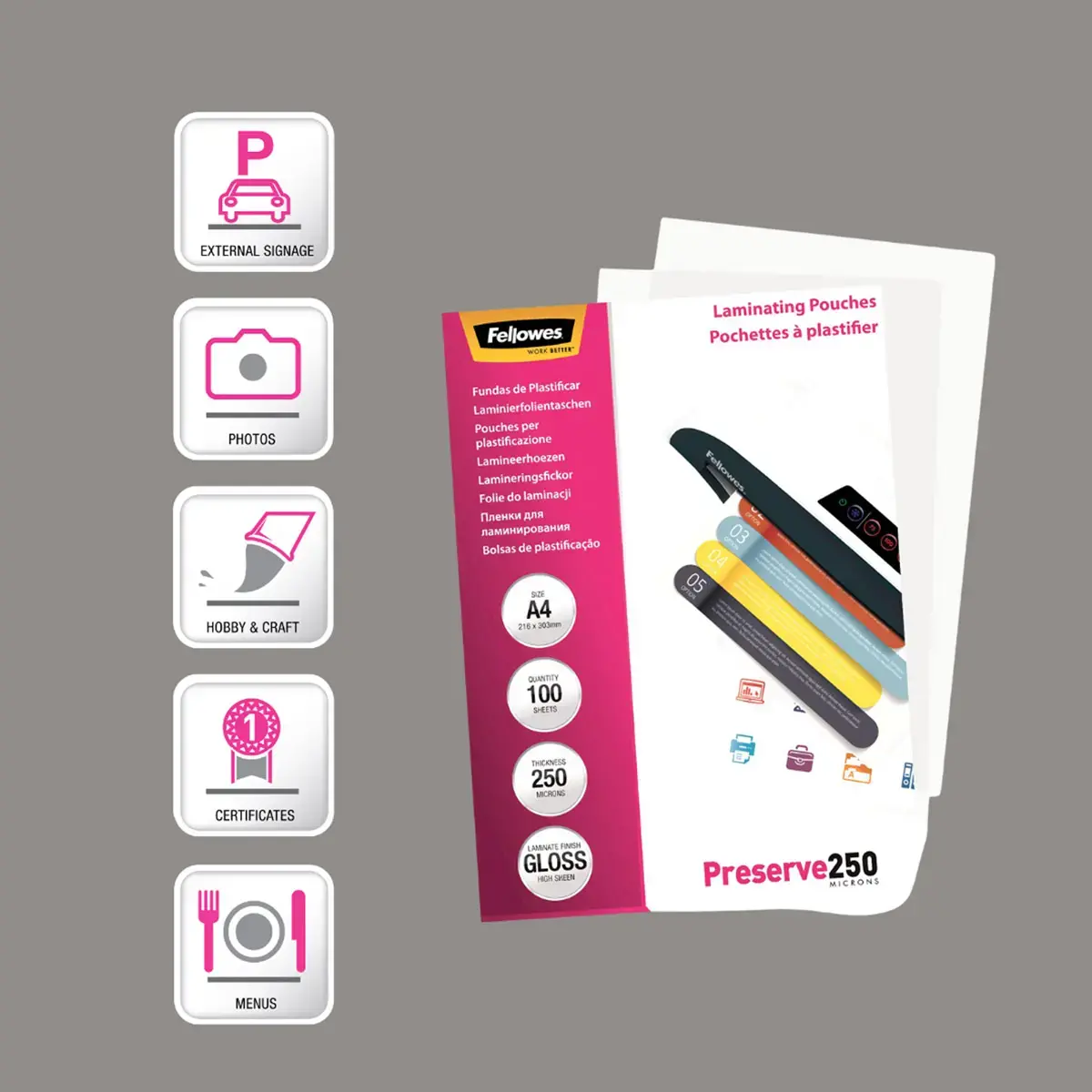 100 Pochettes de plastification brillantes A4 - 250 µ - Fellowes