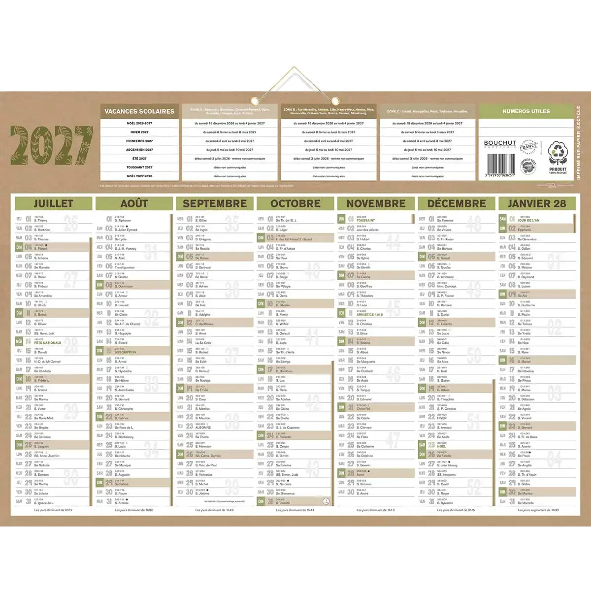 Calendrier 2027 banque Natura 14 mois - 55 x 43 cm - Janvier &agrave; d&eacute;cembre - BOUCHUT GRANDREMY 