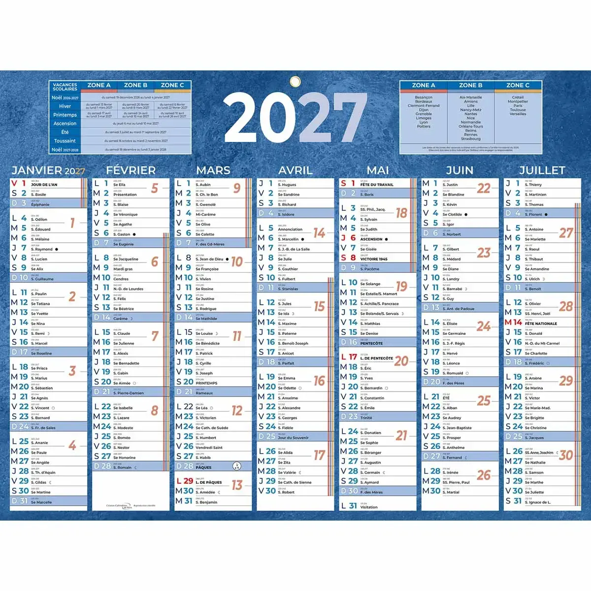 Calendrier de banque bleu 13 mois - 42x32 cm - BOUCHUT GRANDREMY 