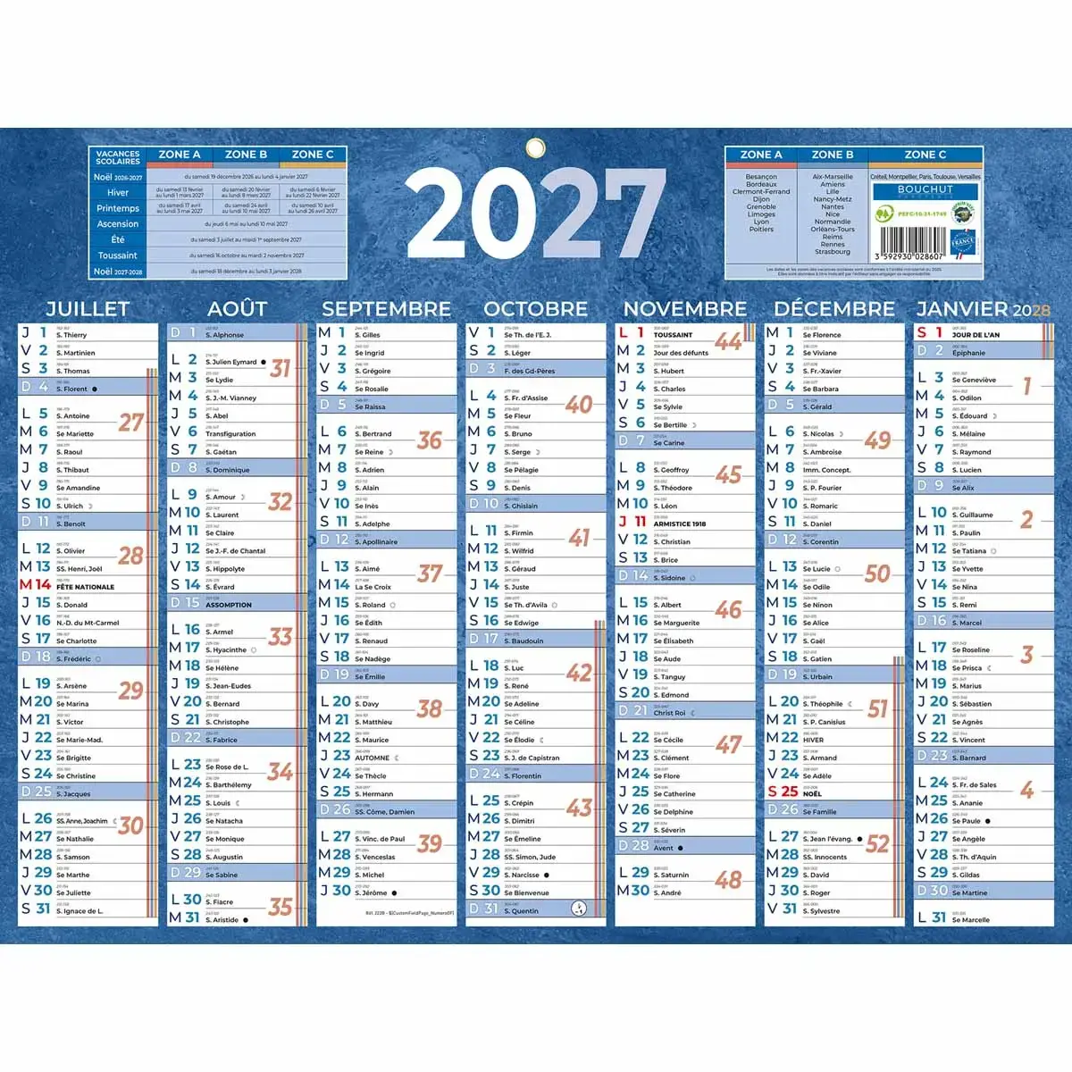 Calendrier de banque bleu 13 mois - 42x32 cm - BOUCHUT GRANDREMY 