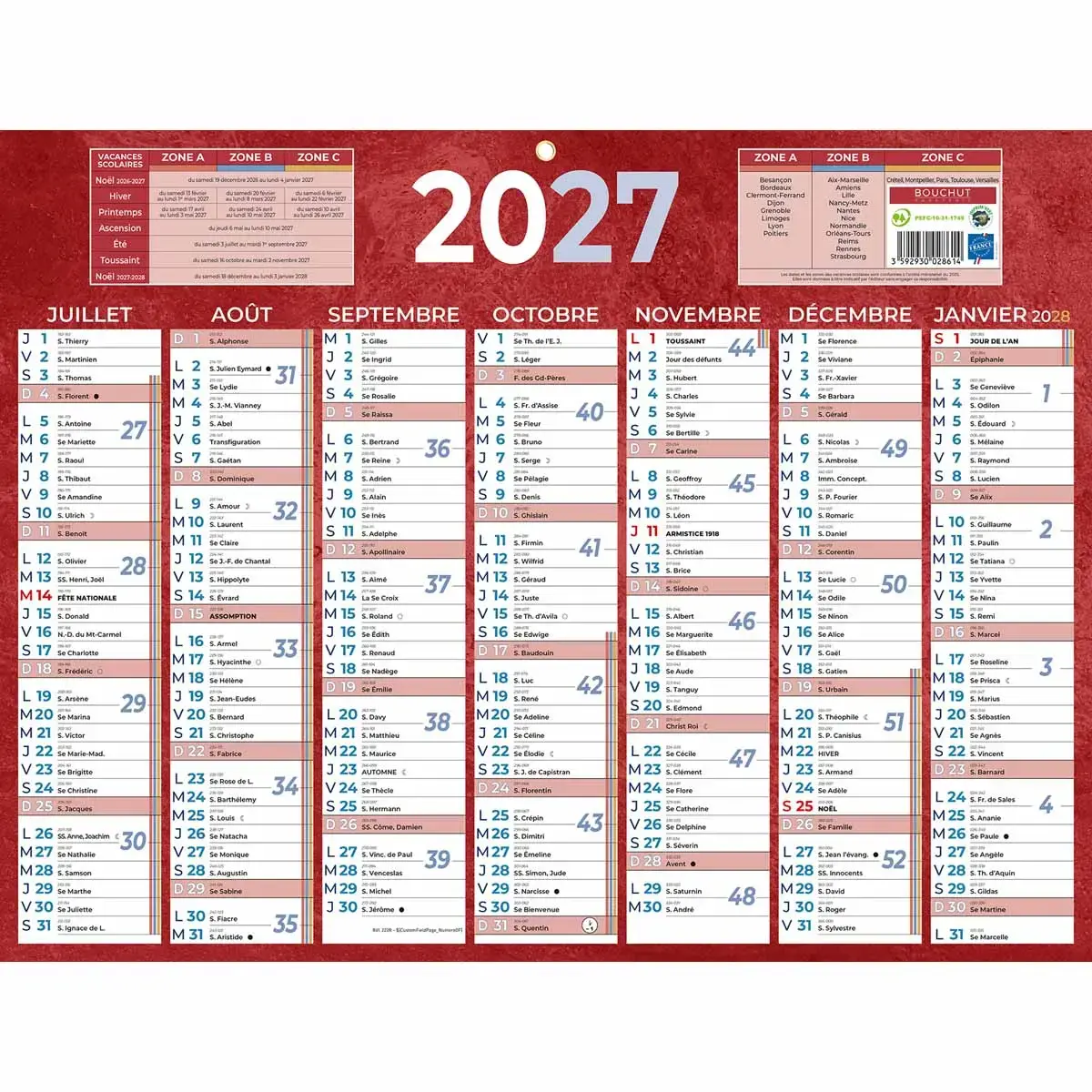Calendrier banque 2027 Rouge - 42 x 32 cm - Janv/Janv - BOUCHUT GRANDREMY