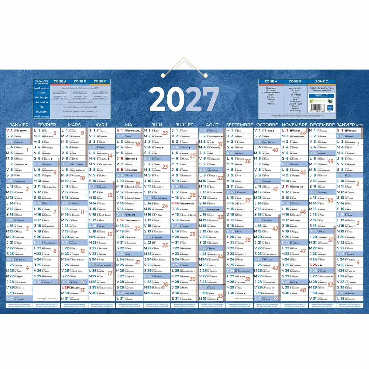 25 Calendriers banque Bleu 13 mois- 65x43 cm - Janvier à décembre - BOUCHUT GRANDREMY