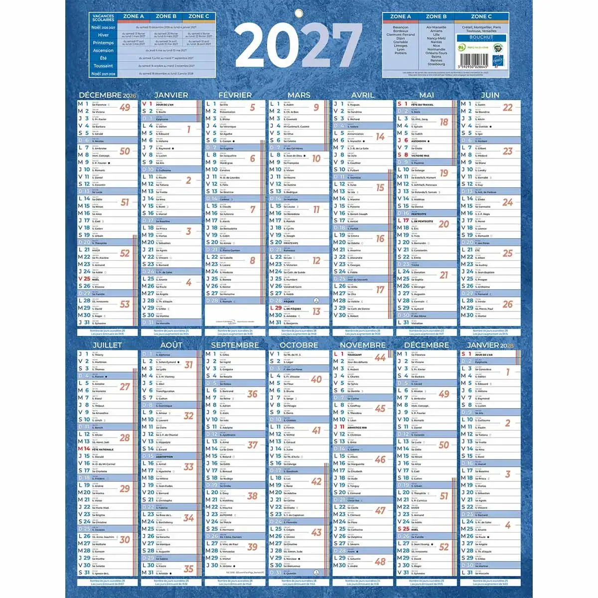 25 Calendriers banque  Bleu 14 mois- 43x55 cm - Janvier &agrave; d&eacute;cembre - BOUCHUT GRANDREMY 