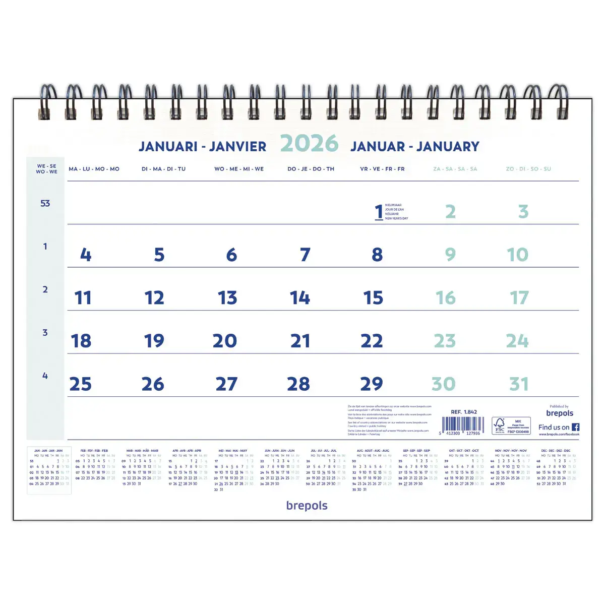 Calendrier mural wire - 46 x 31 cm - Janvier à décembre - BREPOLS