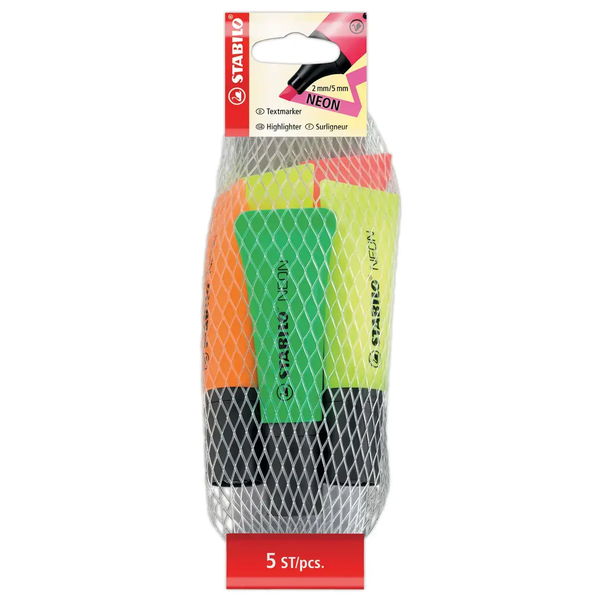 5 Surligneurs NEON - Pointe biseaut&eacute;e - Coloris assortis - STABILO 