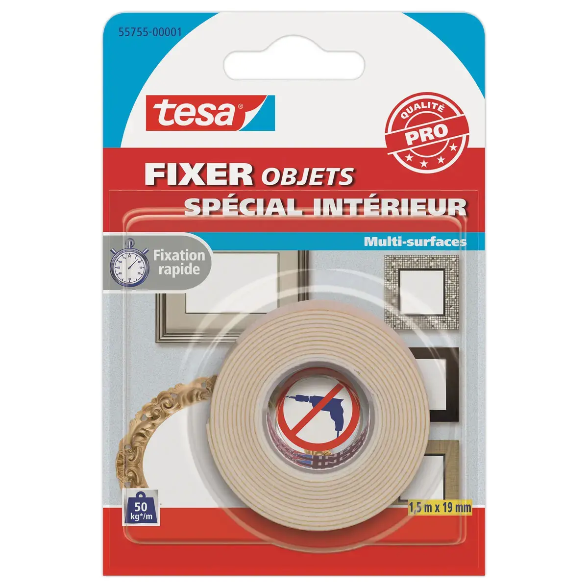 Adh&eacute;sif double face sp&eacute;cial int&eacute;rieur  - 1,5 m x 19 mm- TESA 