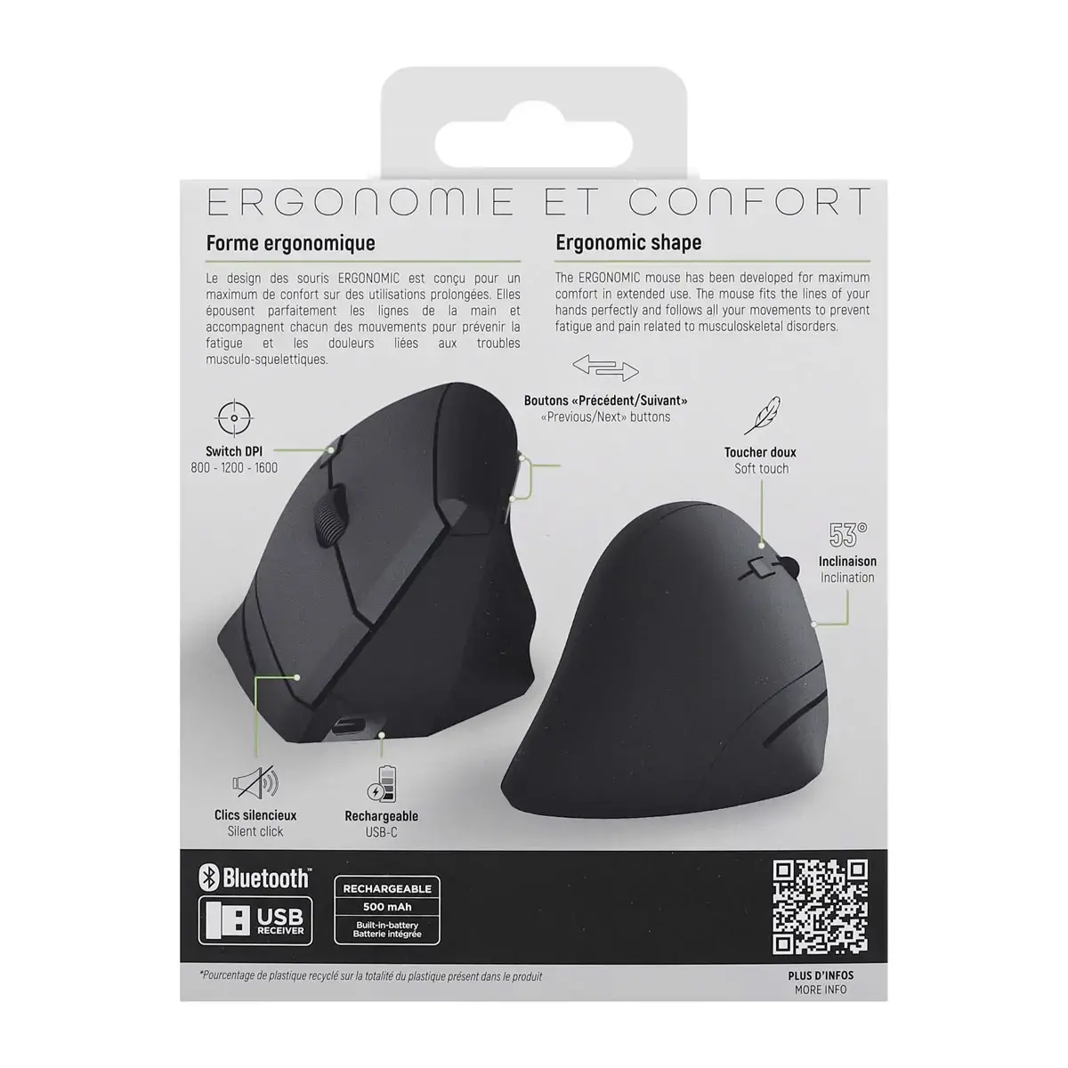 Souris ERGO sans fil - Verticale - Rechargeable - Noir - T'nB