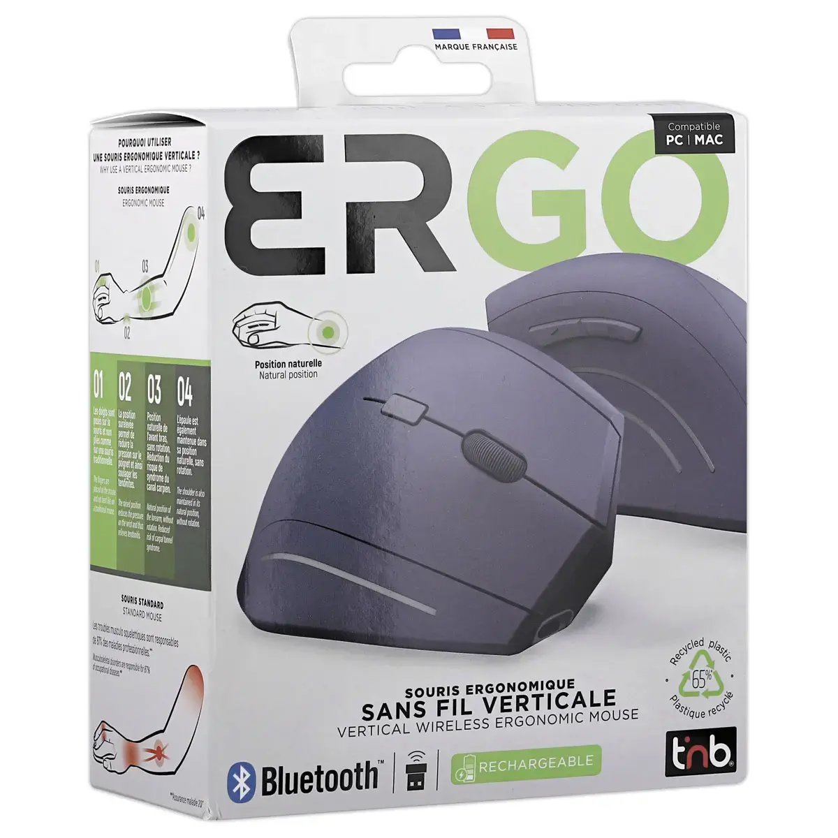 Souris ERGO sans fil - Verticale - Rechargeable - Bleu - T'NB