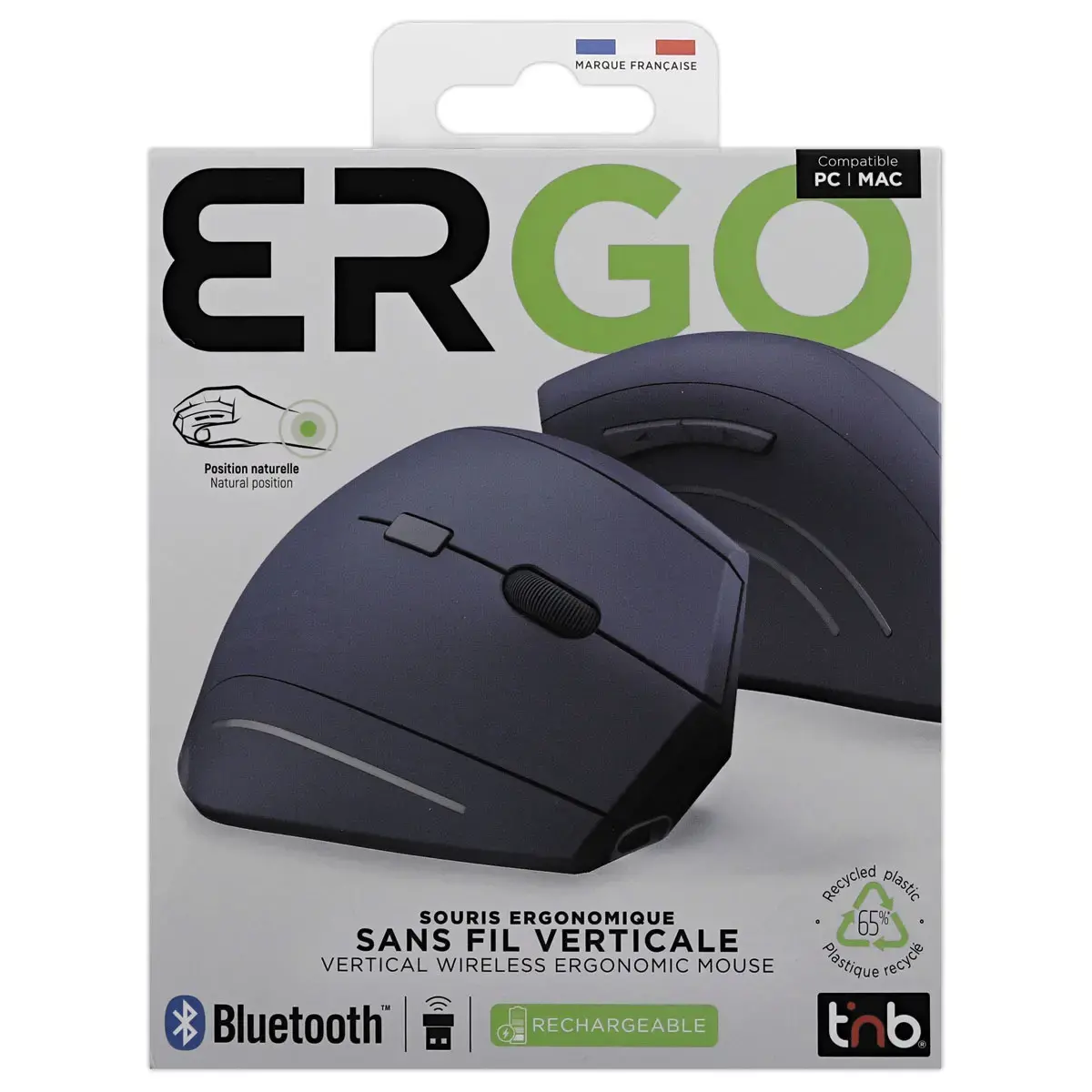 Souris ERGO sans fil - Verticale - Rechargeable - Bleu - T'NB