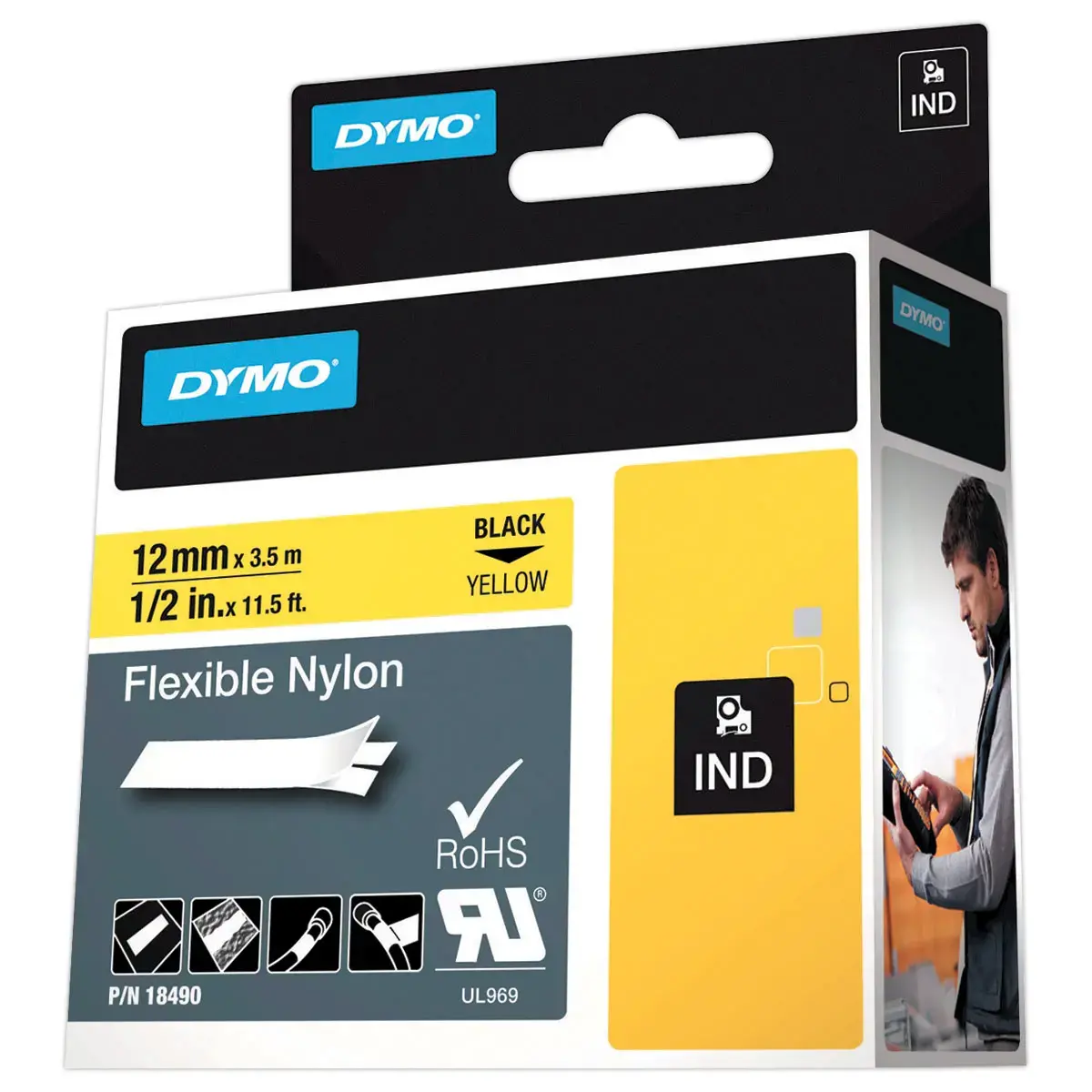 Ruban RHINO DYMO 18490 - 3,5 m x 12 mm - Texte noir sur fond jaune