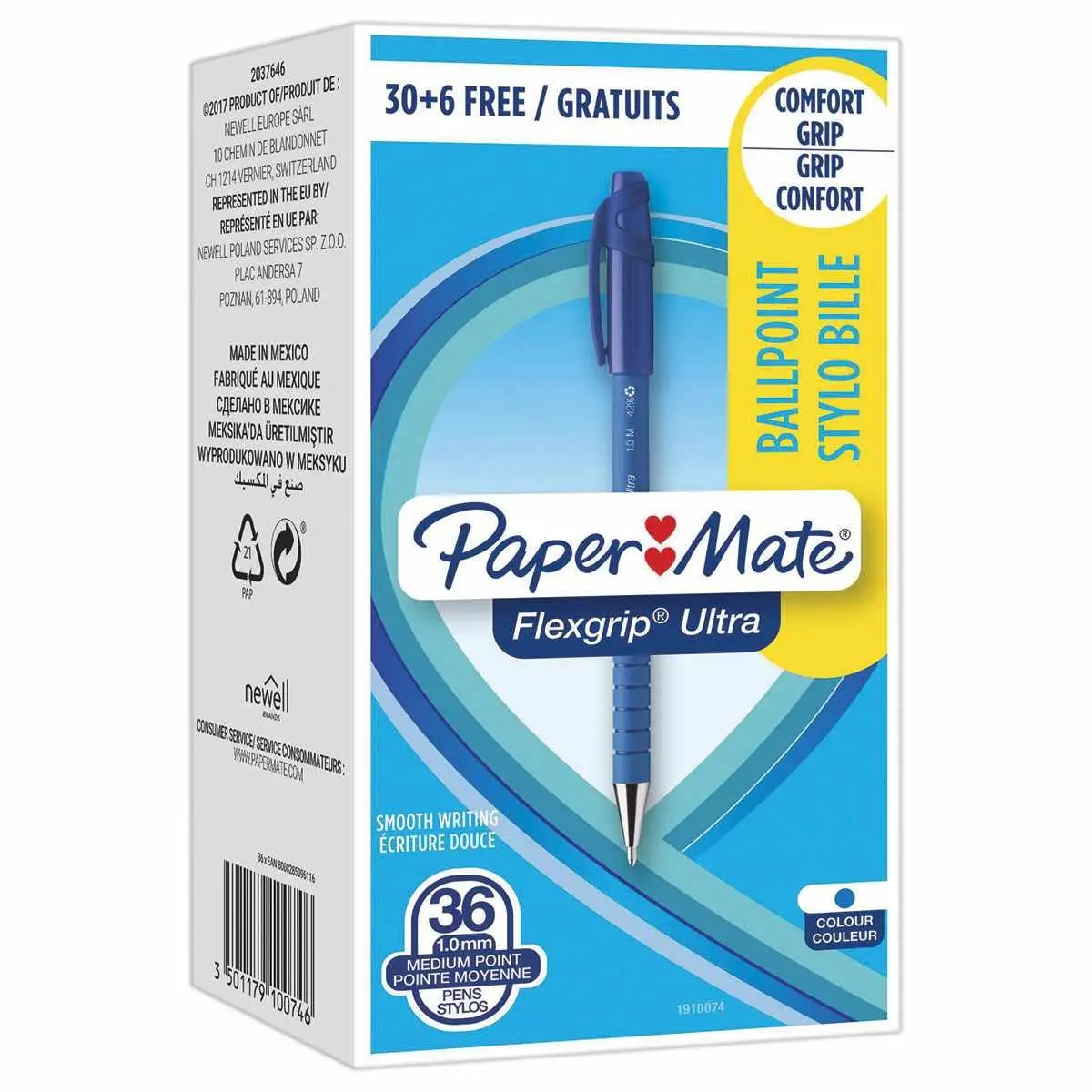 36 (30+6 offerts) Stylos bille rétractables Flexgrip - Écriture moyenne - Bleu - PAPERMATE