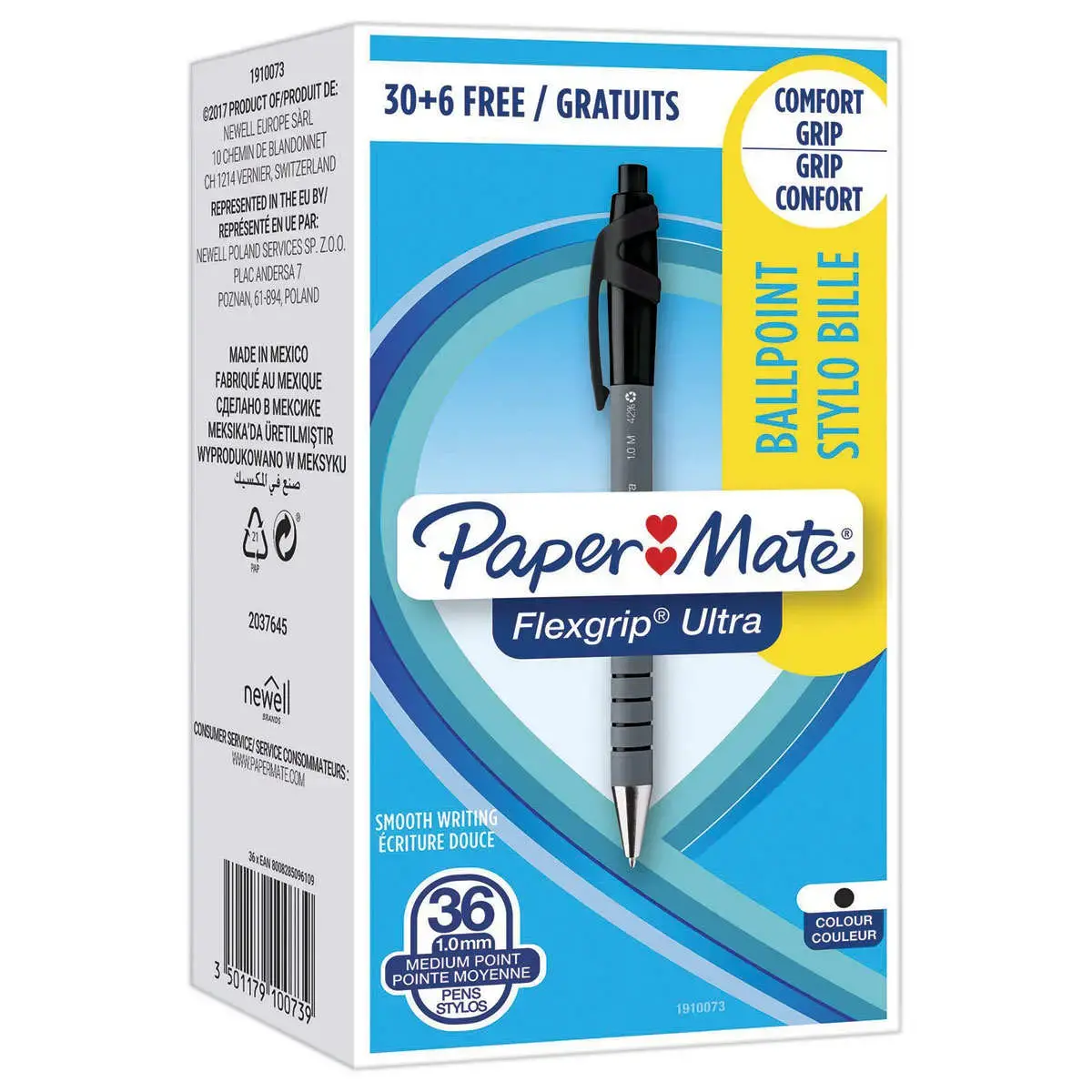 36 (30+6 offerts) Stylos bille rétractables Flexgrip - Écriture moyenne - Noir - PAPERMATE