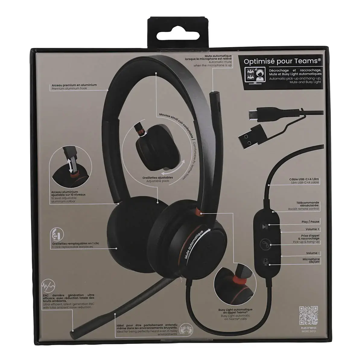 Casque-micro ACTIV 400S - USB-A/C - Noir - T'NB 