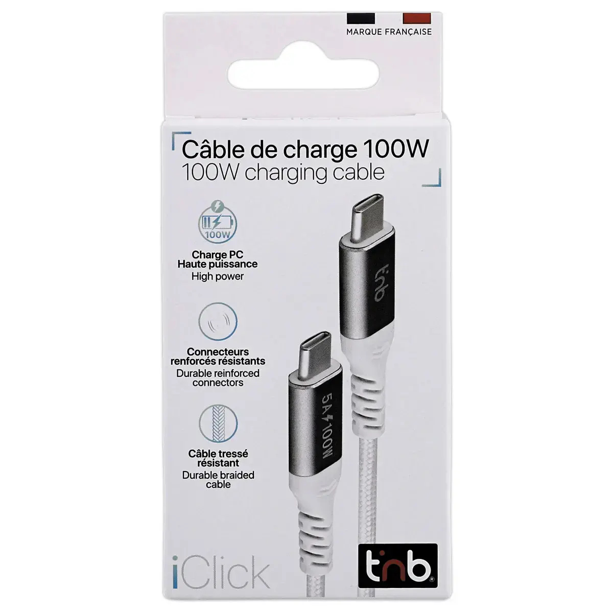 C&acirc;ble 100W 2m USB-C/USB-C - Tress&eacute; - Blanc - T'NB 