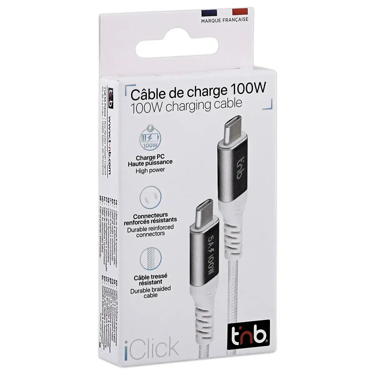 C&acirc;ble 100W 2m USB-C/USB-C - Tress&eacute; - Blanc - T'NB 
