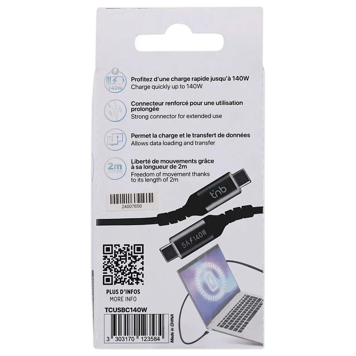 C&acirc;ble USB-C iClick 140W - 2m - Noir - T'NB 