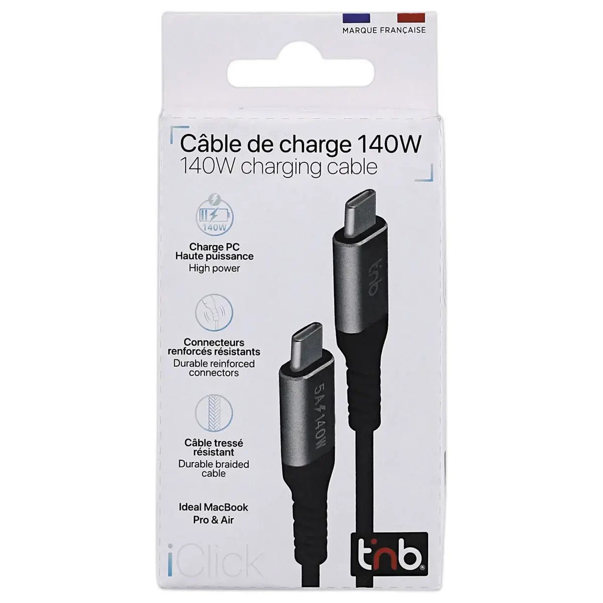 C&acirc;ble USB-C iClick 140W - 2m - Noir - T'NB 
