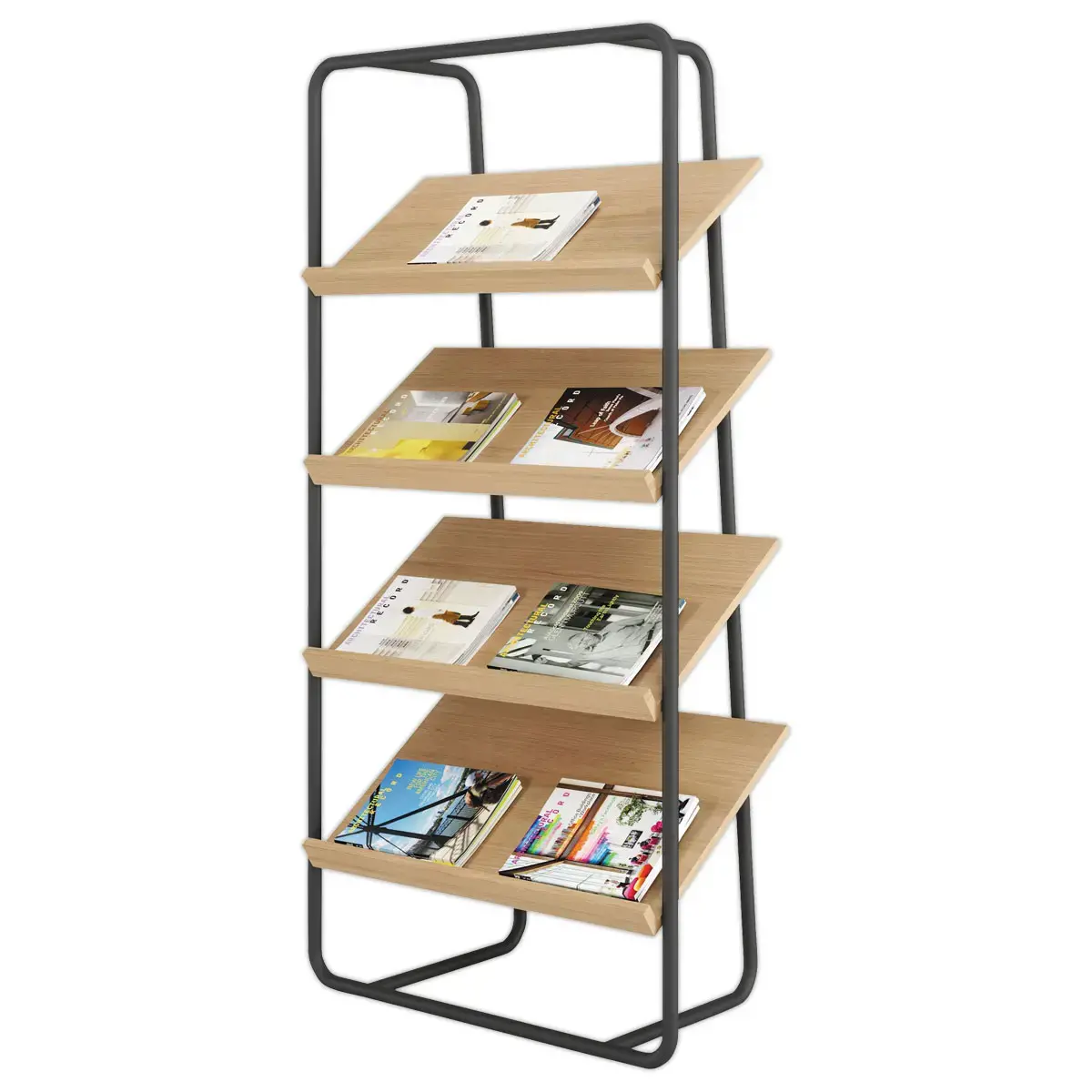 Pr&eacute;sentoir de Sol en Acier Noir Mat & 4 Tablettes en bois - MEET 