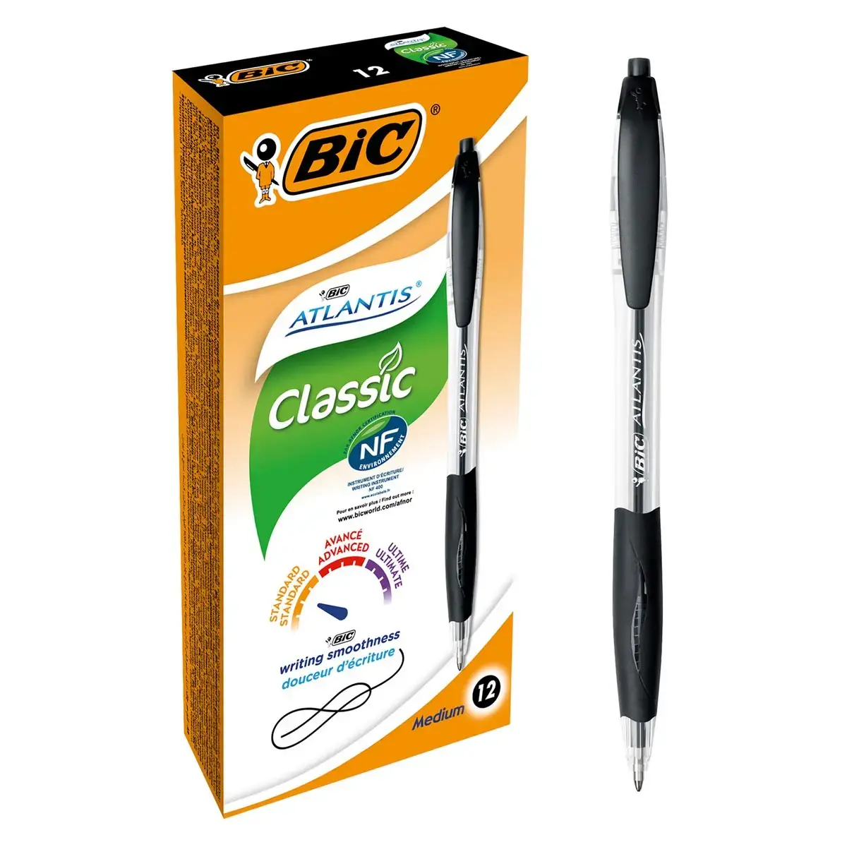 12 Stylos bille Atlantis Soft - Noir + 1 surligneur jaune offert - BIC