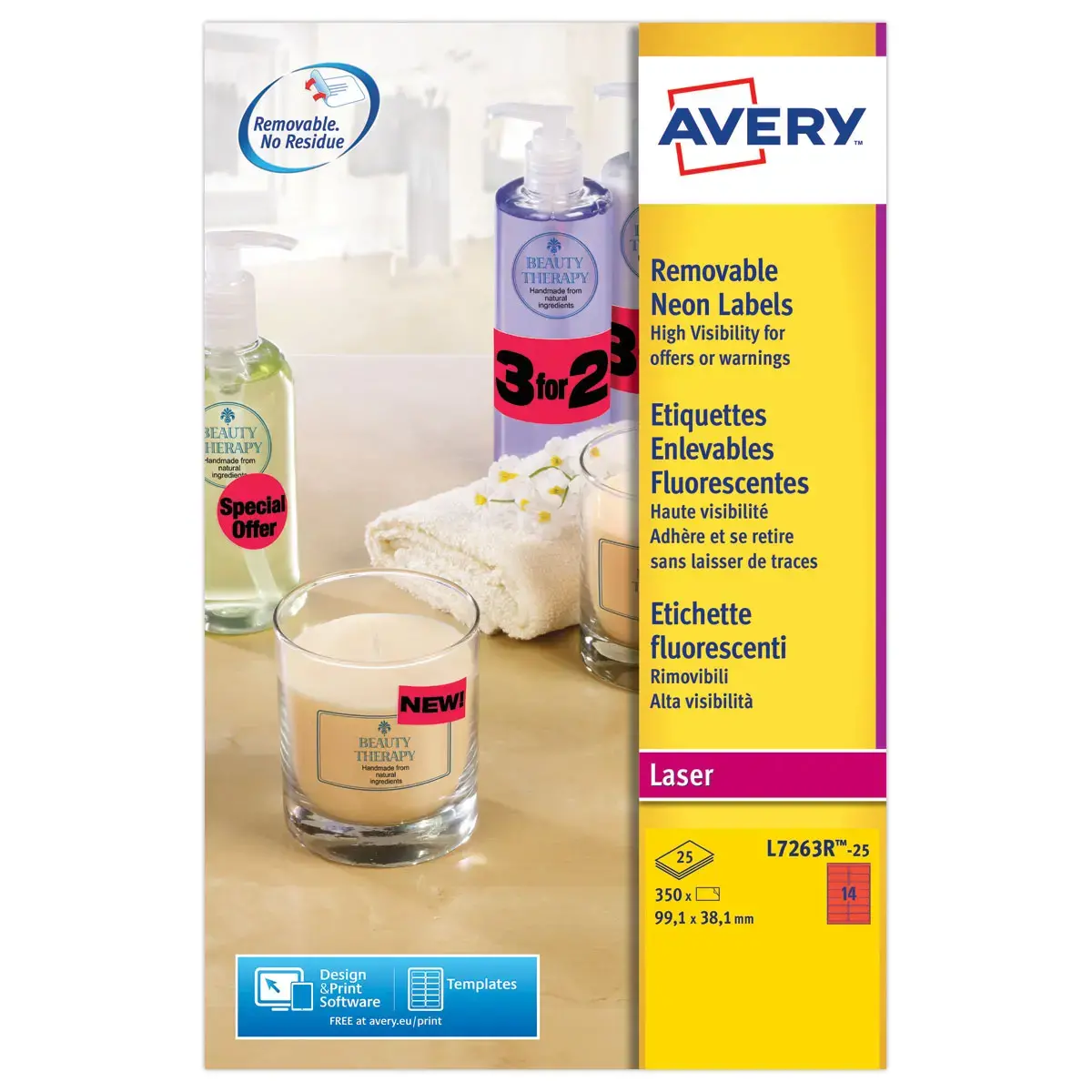 25 Planches d'étiquettes fluorescentes 99,1x38,1 - rouge - AVERY