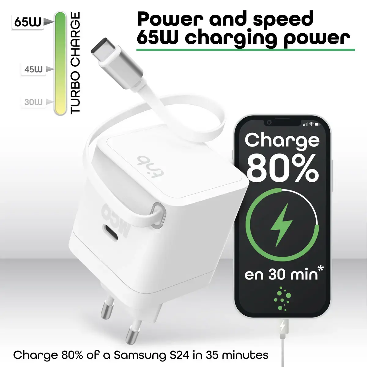 Chargeur GAN 3 USB 65W + c&acirc;ble 