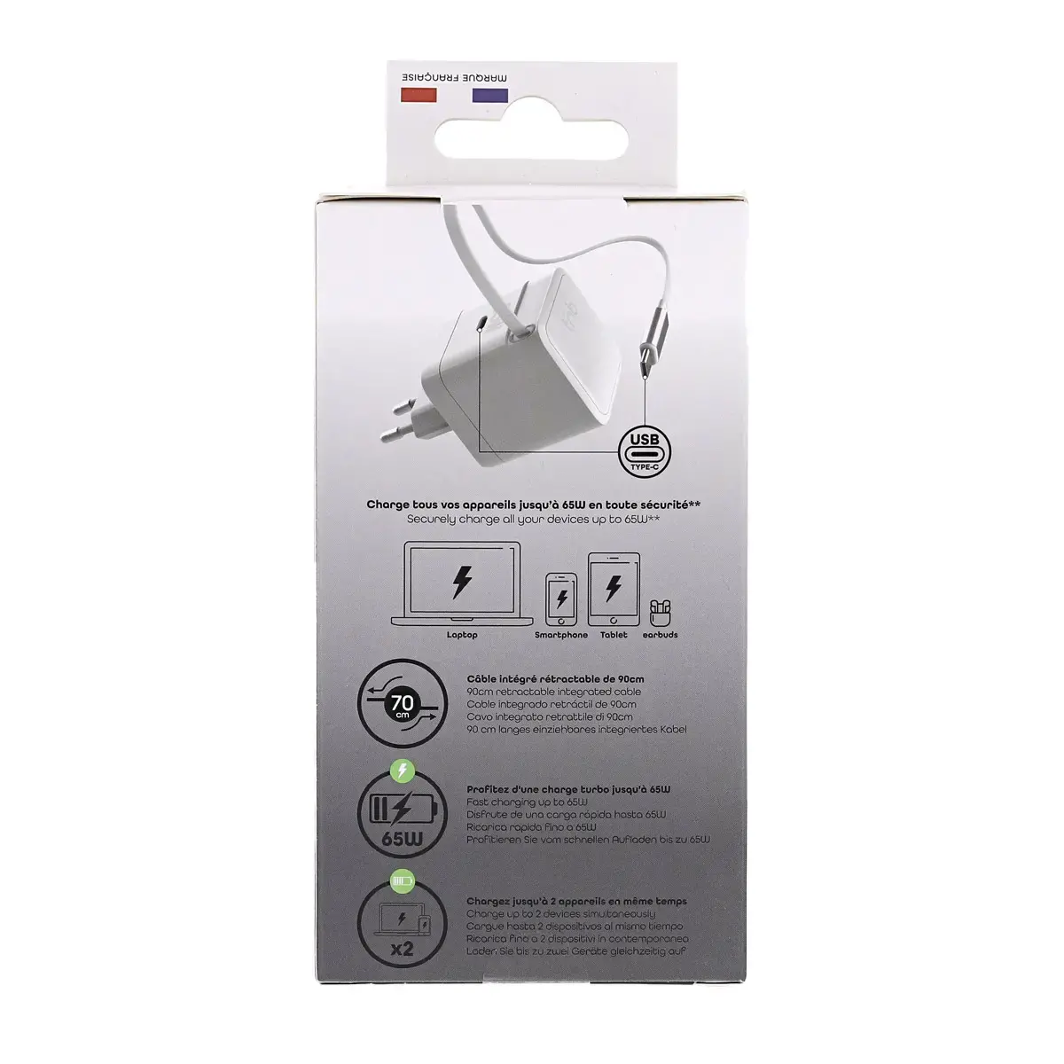 Chargeur GAN 3 USB 65W + c&acirc;ble 