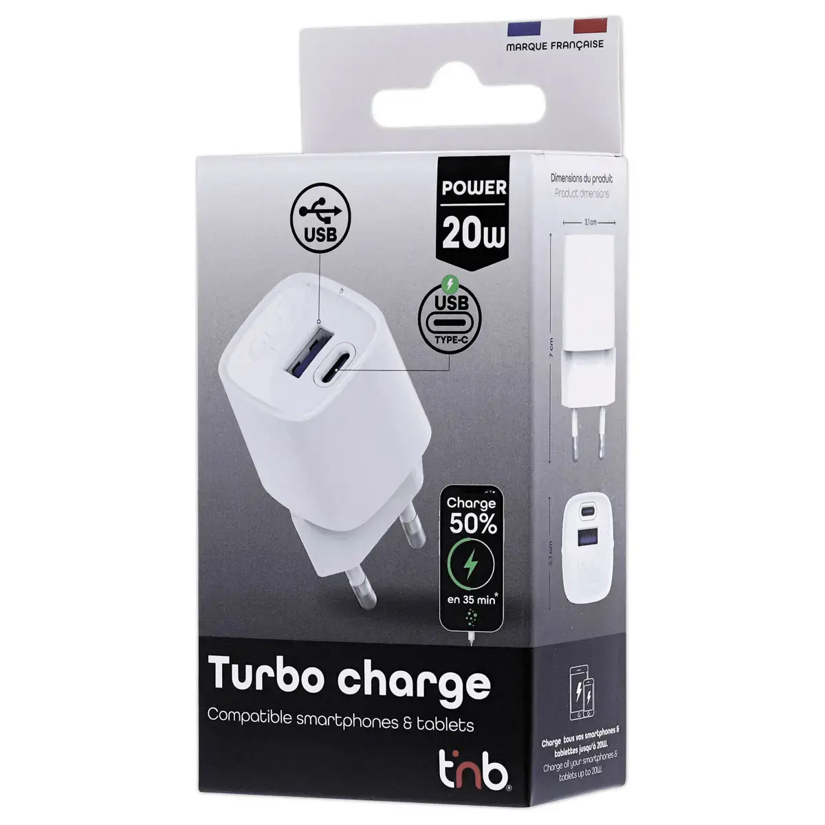 Chargeur Nano USB-C - Charge Rapide 20W - T'NB