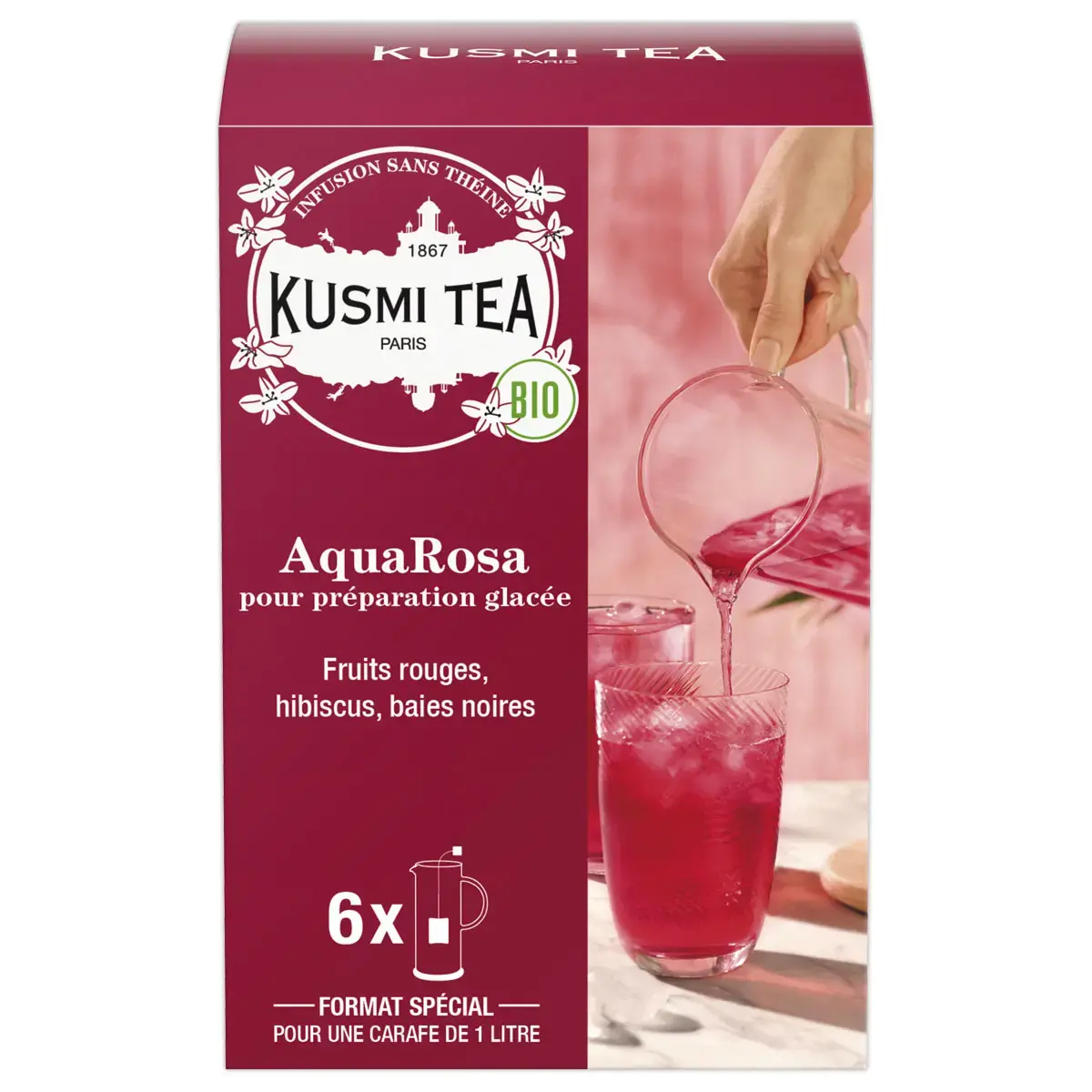 Bo&icirc;te de 6 grands sachets d'infusion AquaRosa bio Kusmi Tea 