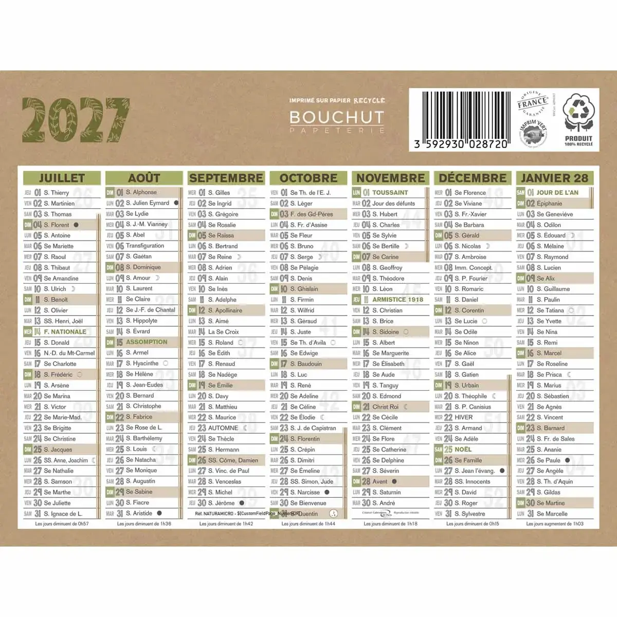 Calendrier banque  Natura 14 mois - 17,5x13,5 cm - Janvier &agrave; d&eacute;cembre - BOUCHUT GRANDREMY 