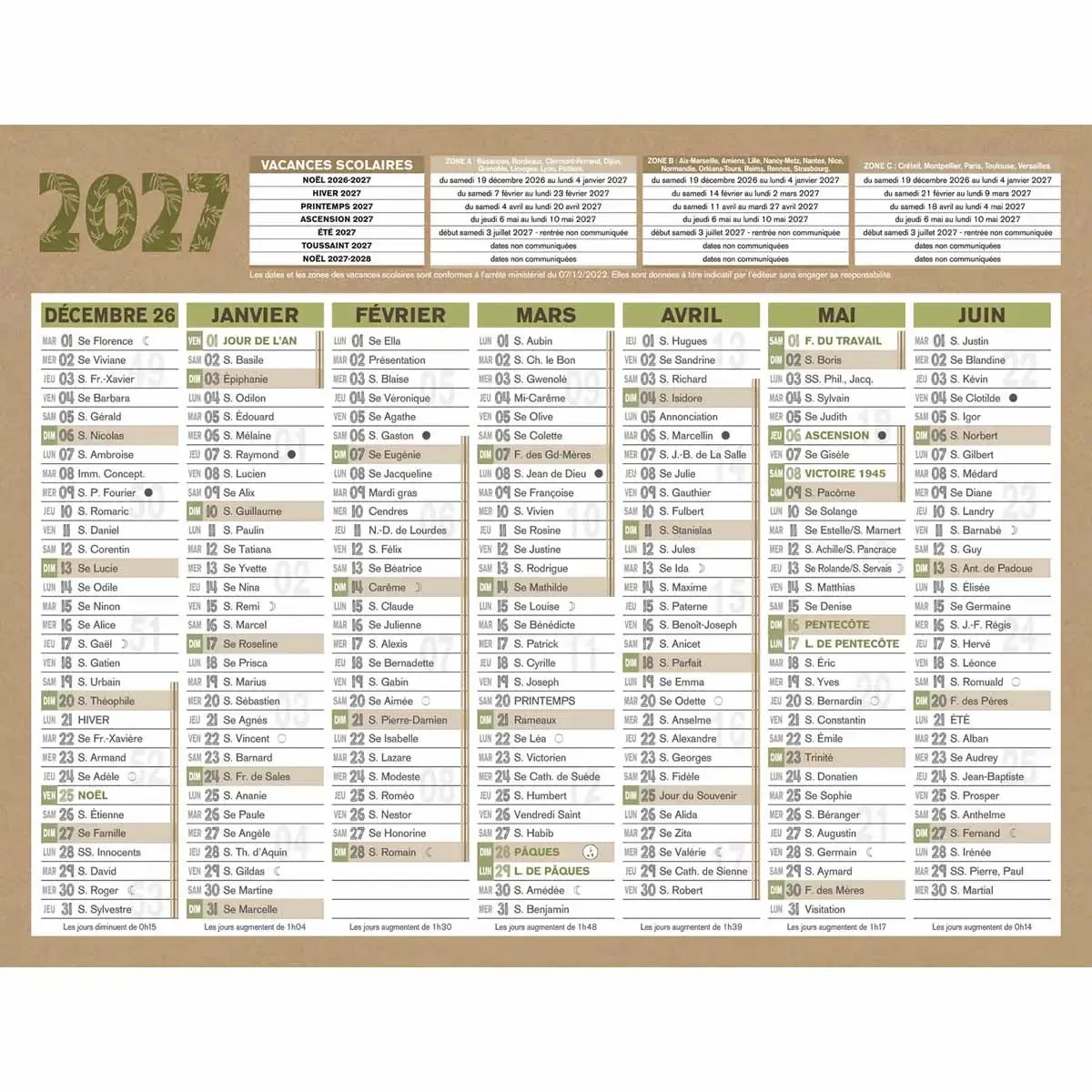 Calendrier banque  Natura 14 mois - 17,5x13,5 cm - Janvier &agrave; d&eacute;cembre - BOUCHUT GRANDREMY 