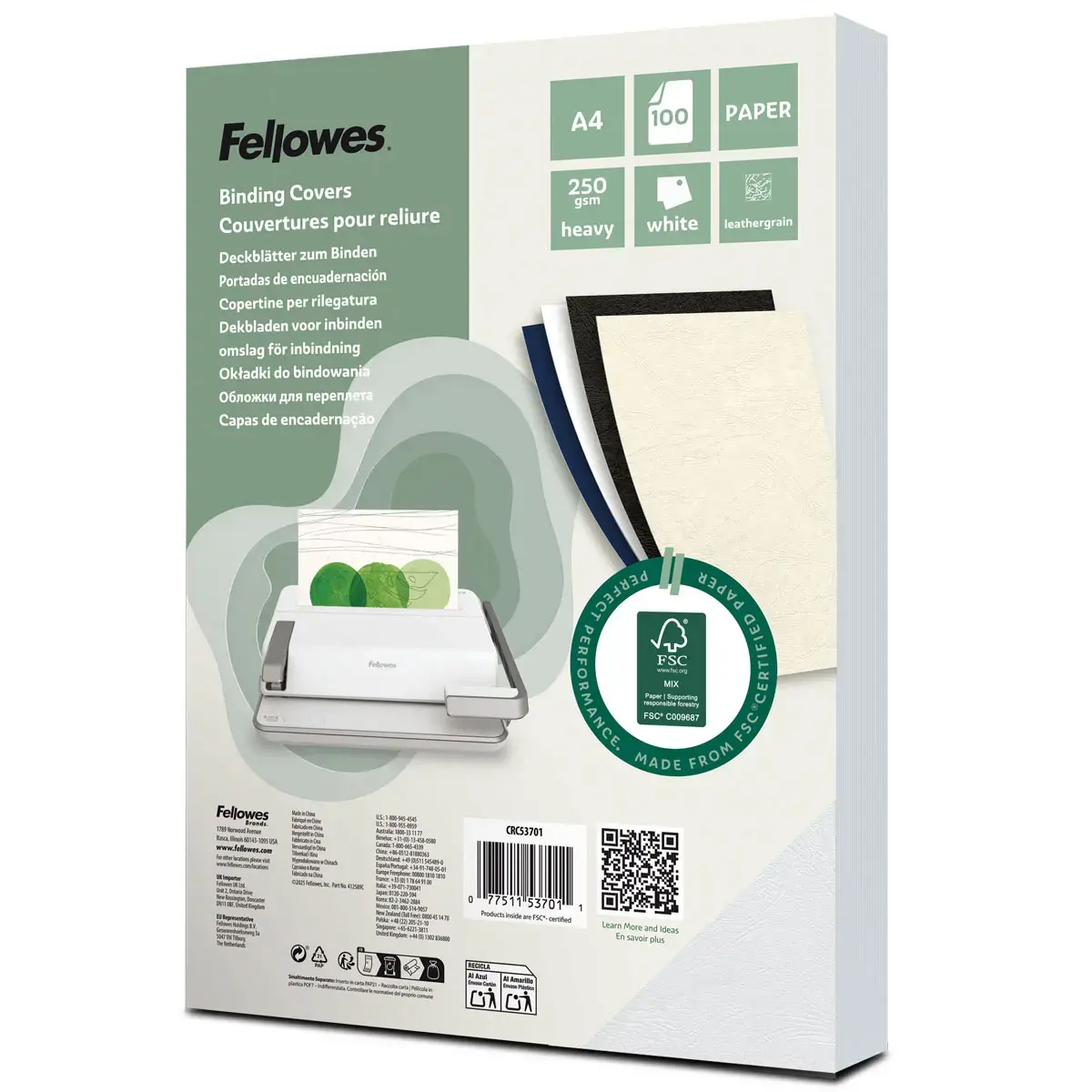 100 Couvertures A4 cartonn&eacute;es - blanc - FELLOWES 