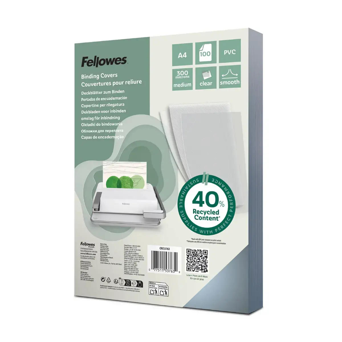 100 Couvertures PVC transparentes - 300 microns - A4 - FELLOWES 