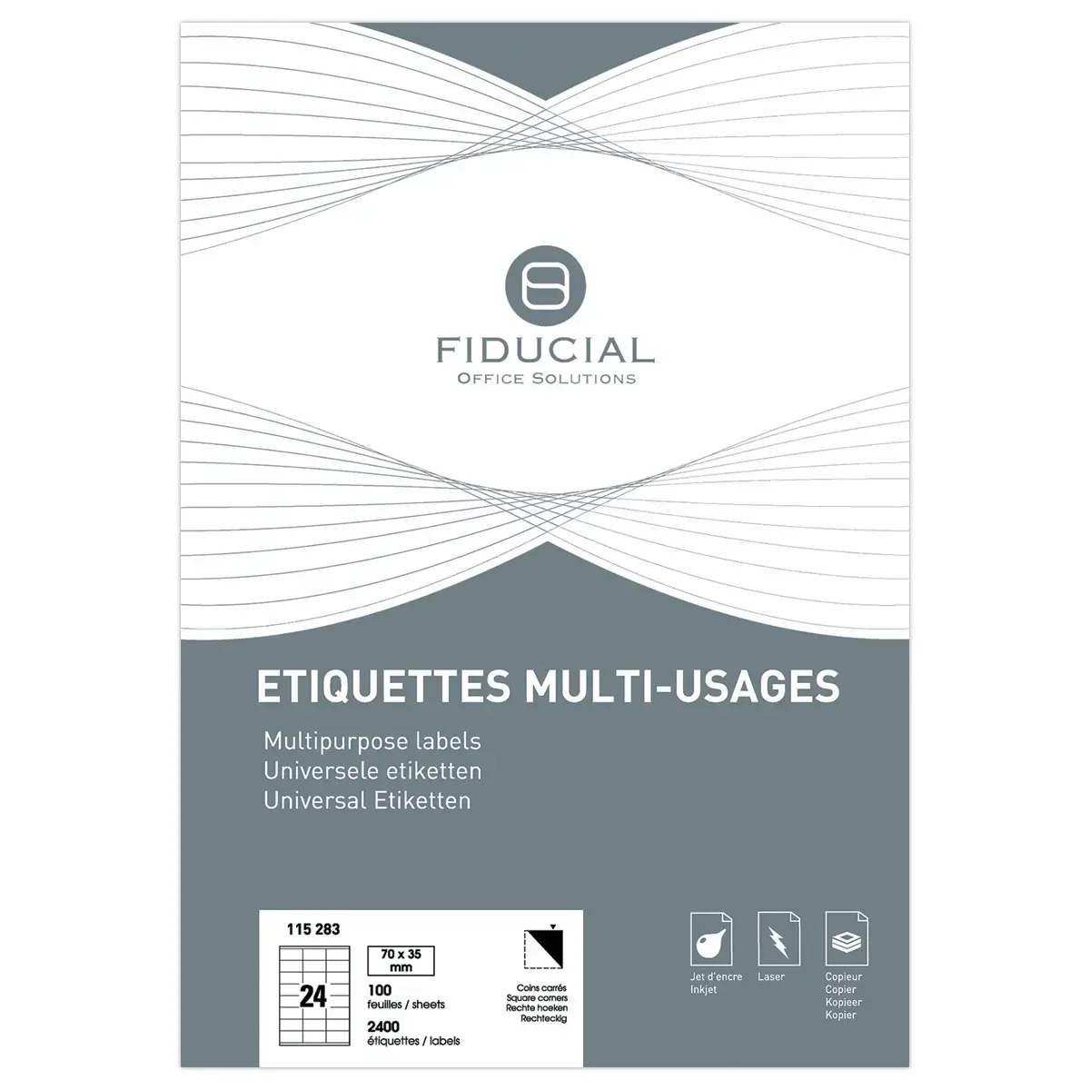 100 Planches d'étiquettes FIDUCIAL coins carrés 70x35 mm 2400 étiq/boîte