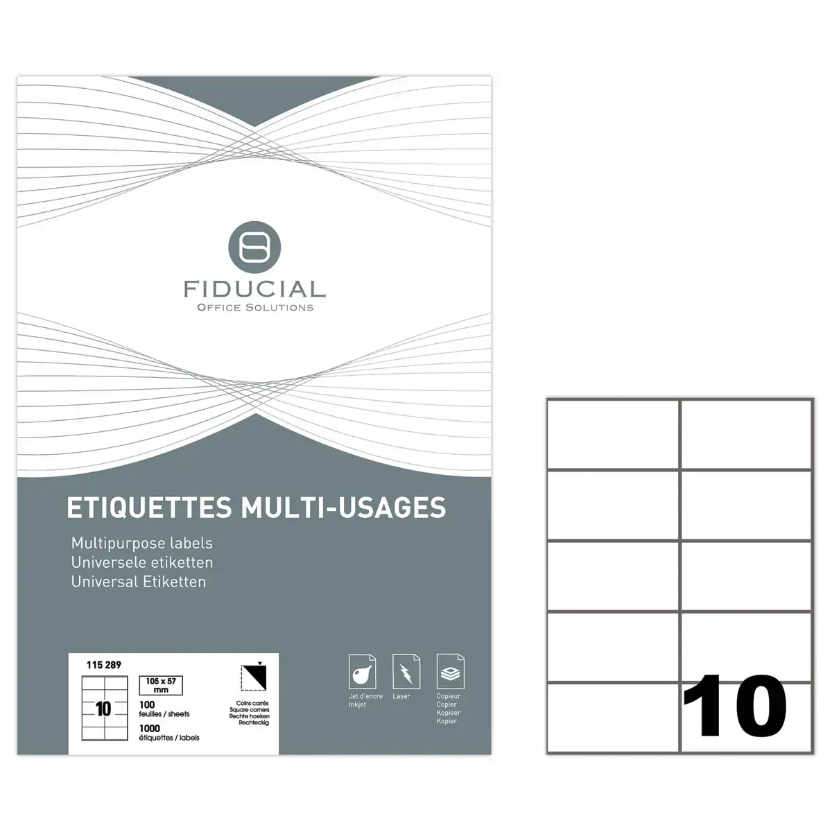 100 Planches de 10 &eacute;tiquettes blanches - Coins carr&eacute;s - 105 x 57 mm - FIDUCIAL OFFICE SOLUTIONS 