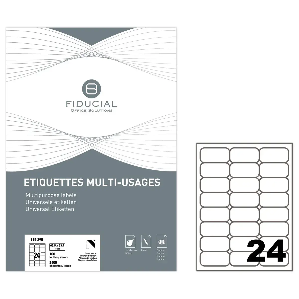 100 planches de 24 étiquettes à coins ronds - 63,5 x 33,9 mm - FIDUCIAL
